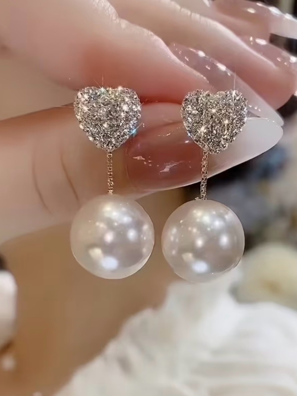 Crystal Heart Pearl Drop Earrings - White Pearl